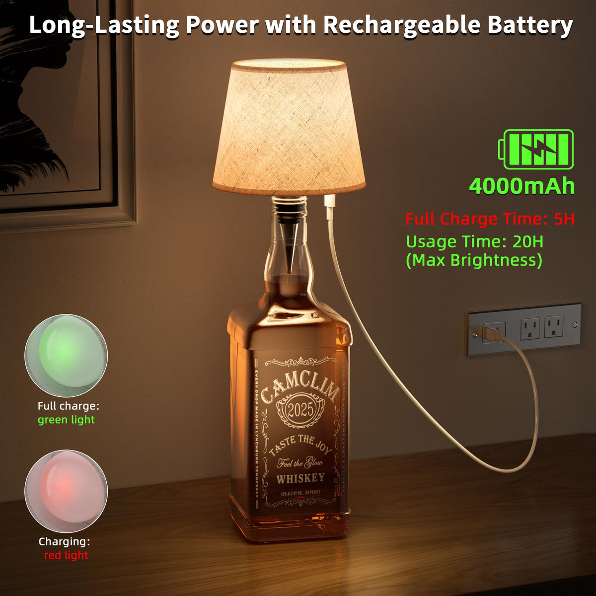Wireless Wine Bottle Lamp Shade: Liquor Bottle Stopper Light With Remote Control Dimmable Cordless Portable Rechargeable Led Battery Operated Whiskey Bottle Lampshade For Bedside Bar Bedroom Decor