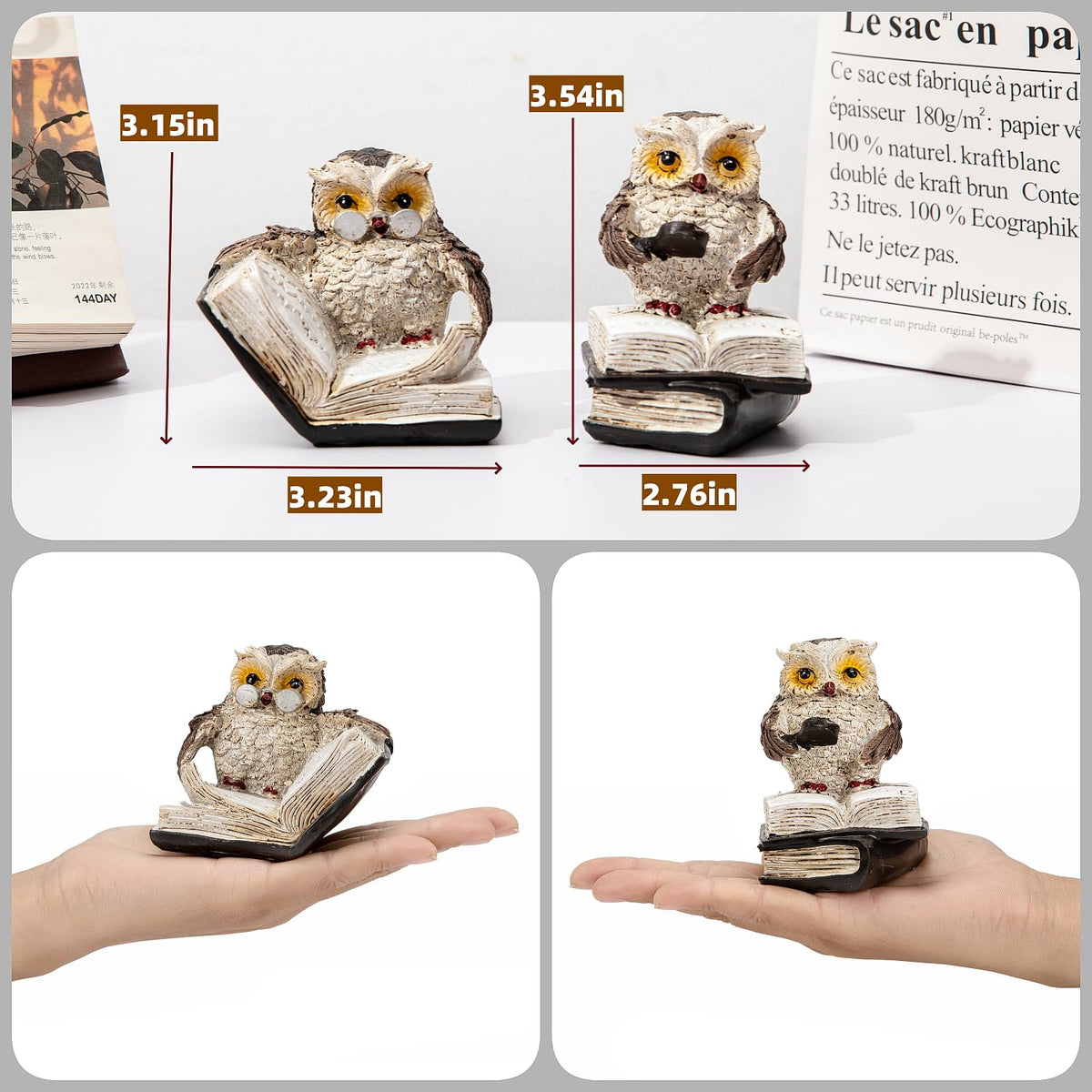 Adorable Reading Owl Statue, 2 Wise Owl Thinker Sculptures Home Decor Accents, Retro Animal Decor Owl Figurines for Living Room Bedroom Office TV Stand Tabletop Shelf Mantel, Gift for Men Birds Lover