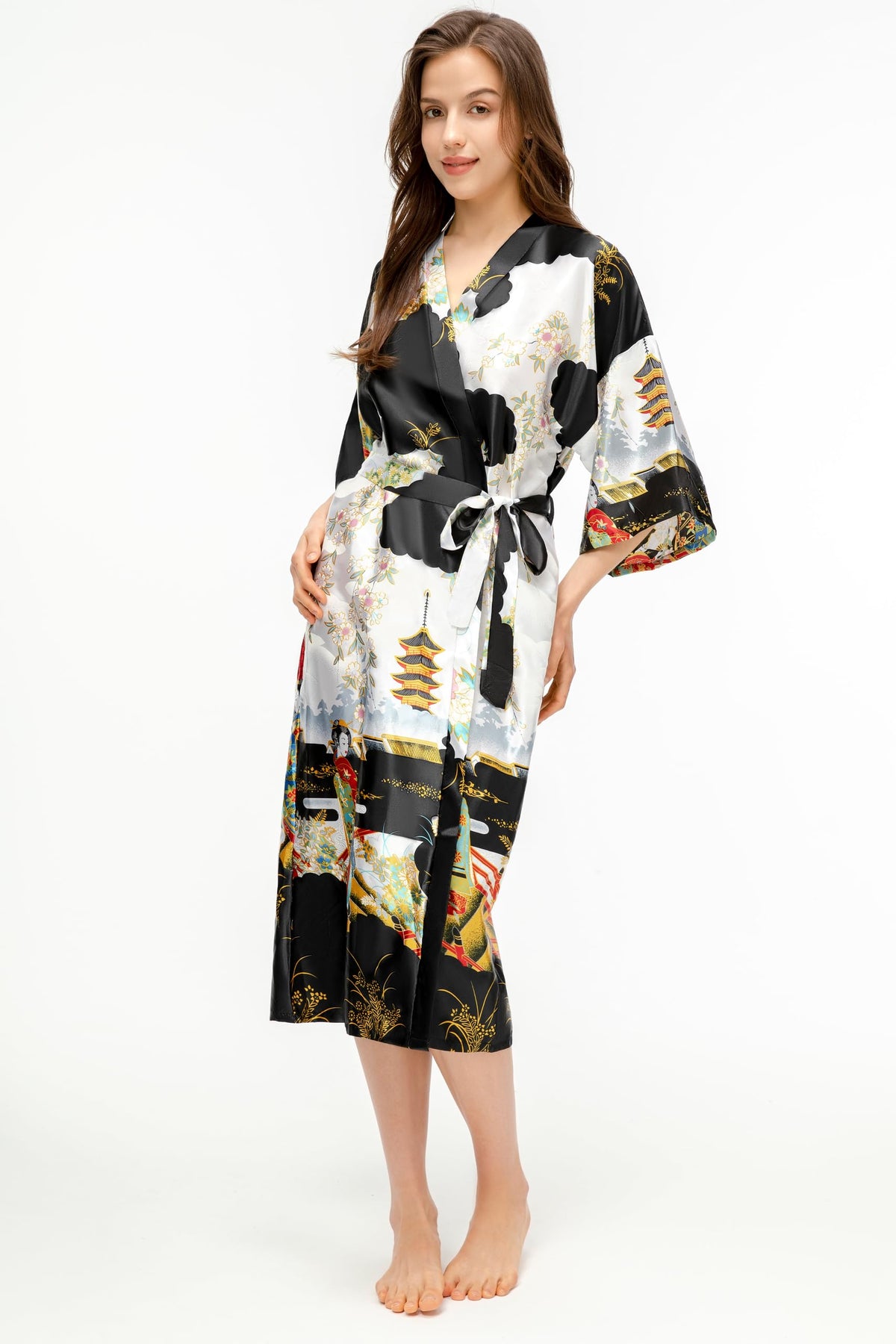PRODESIGN Kimono Robe for Women - Long Satin Sleepwear Silky Kimono Cover-Up Nightgown Japanese Bathrobe Loungewear Blouse