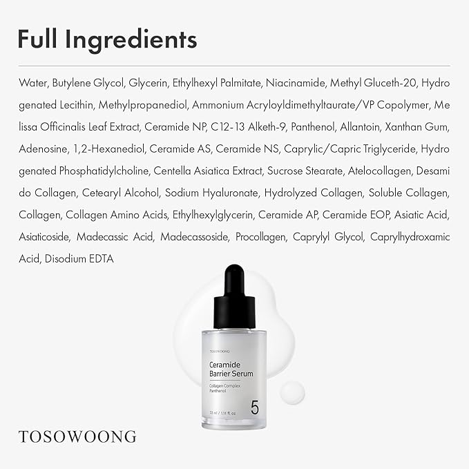 TOSOWOONG Ceramide Barrier Serum, Hydrating Serum for Face, 2,000ppm Ceramide Complex, Niacinamide, Collagen, Panthenol, Centella, Glass Skin, Fragrance-free, Korean Skin Care, 33 ml / 1.11 fl. oz.