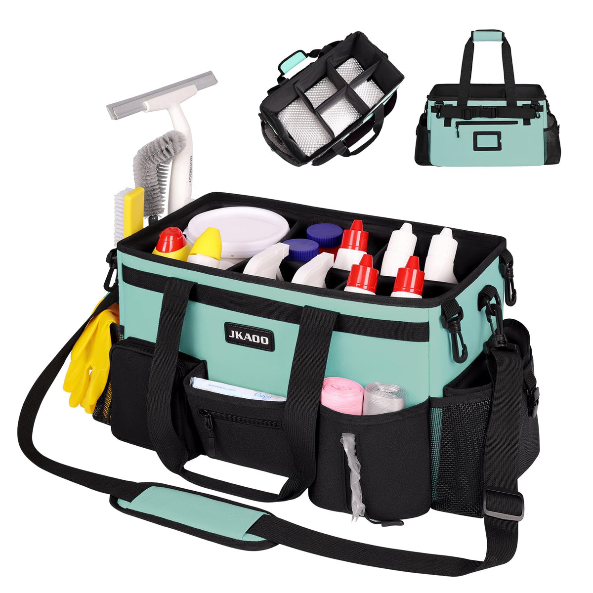 JKAOO Large Wearable Cleaning Caddy Bags, Cleaning Supplies Storage Bag with Handles and Adjustable Shoulder Strap and Removable Waist Straps,Waterproof Cleaning Tote for Home,Car,Office