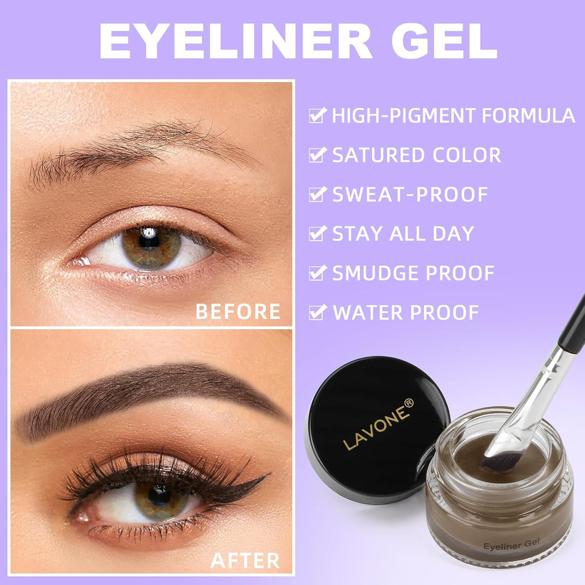 LAVONE Eyeliner Set - Waterproof Makeup Kit with Liquid eyeliner Pencil, Gel Eyeliner & Angled Eye liner Brush, Waterproof, Smudge Resistant, Long Lasting Formula - Ash Brown