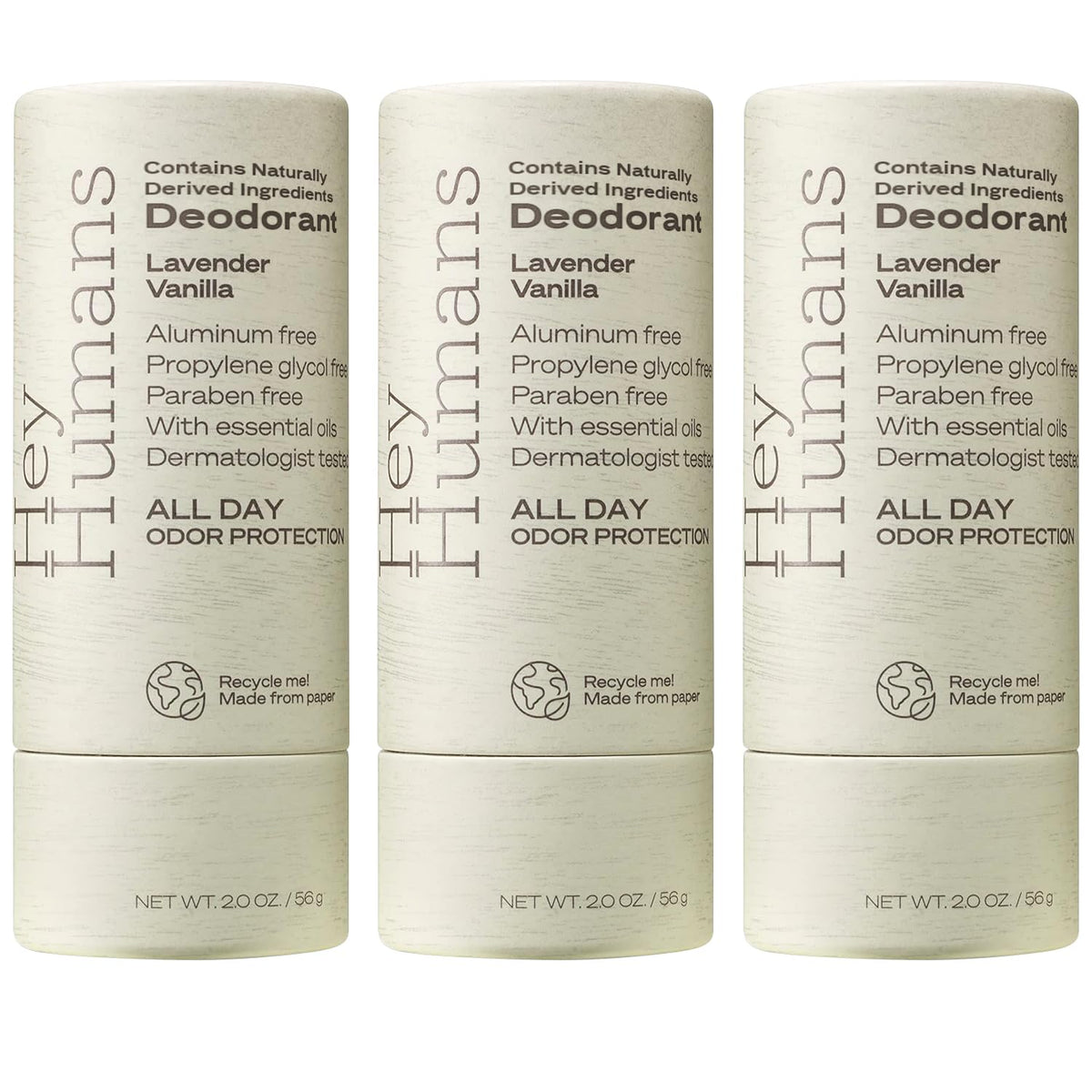 Hey Humans Deodorant, Aluminum Free Deodorant for Women and Men, Contains Naturally Derived Ingredients, All Day Odor Control, Refreshing Deodorant Essential Oils, Pack of 3, Lavender Vanilla