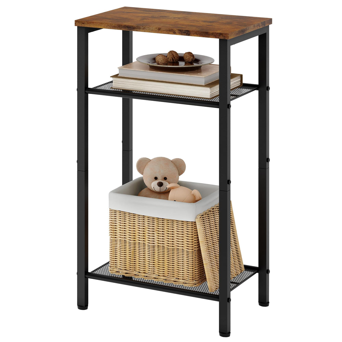 Hoctieon 3 Tier End Table, Telephone Table, Narrow Side Table with Storage, Nightstand for Small Spaces, Metal Frame, For Living Room, Bedroom, Sofa Couch, Hall, Easy Assembly, Rustic Brown