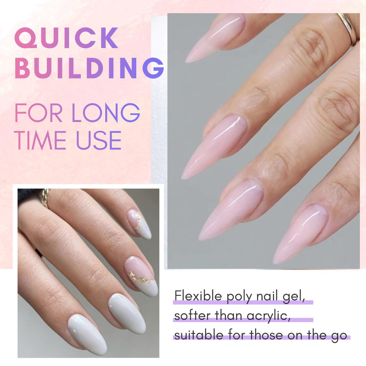 Makartt Poly Nail Gel Kit, 2 PCs 50ML Poly Extension Gel Nail Kit White Pink Colors, Gel Builder for French Design Nail Extension Natural-Looking, Nail Strengthener, 3D Diy Hard Gel Manicures