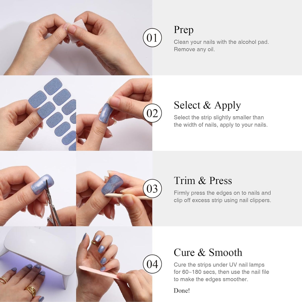 Semi Cured Gel Nail Strips, 20 PCS Gel Nail Stickers Work with UV Light, Salon Quality & Easy to Use - Fresh Cream