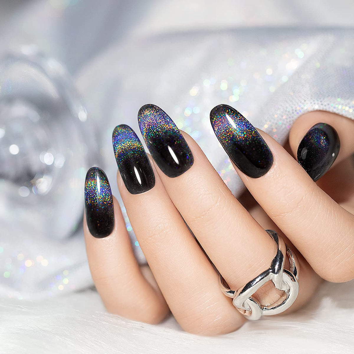 RARJSM Cat Eye Gel Nail Polish, Galaxy Chameleon Magnetic Gelpolish Black Holographic Glitter Gel Soak Off UV LED DIY Manicure Art for Salon Designs and Home DIY 7.5ML/0.26fl oz