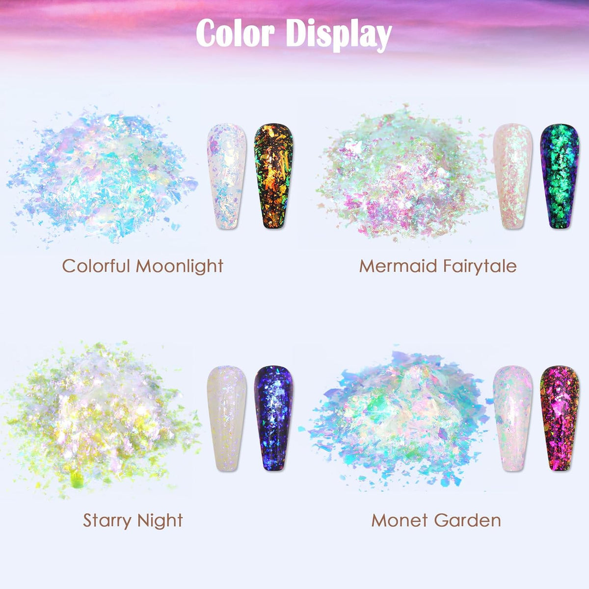 Laza Monet Garden Chameleon Flakes Nail Glitter Irregular Opal Nail Foil Flakes Chunky Confetti Color-Shift Sequins Iridescent Fairy Dust for Mermaid Nails Design, Nail Decorations for Nail Art
