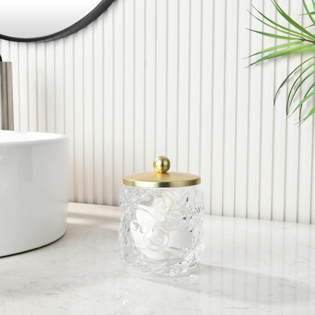 Home Glass Cotton Jar Holder Matte Gold Lid, Elegant Bathroom Storage Canister for Qtips, Cotton Balls, Floss, Makeup Organizer, Vanity Bathroom Organization