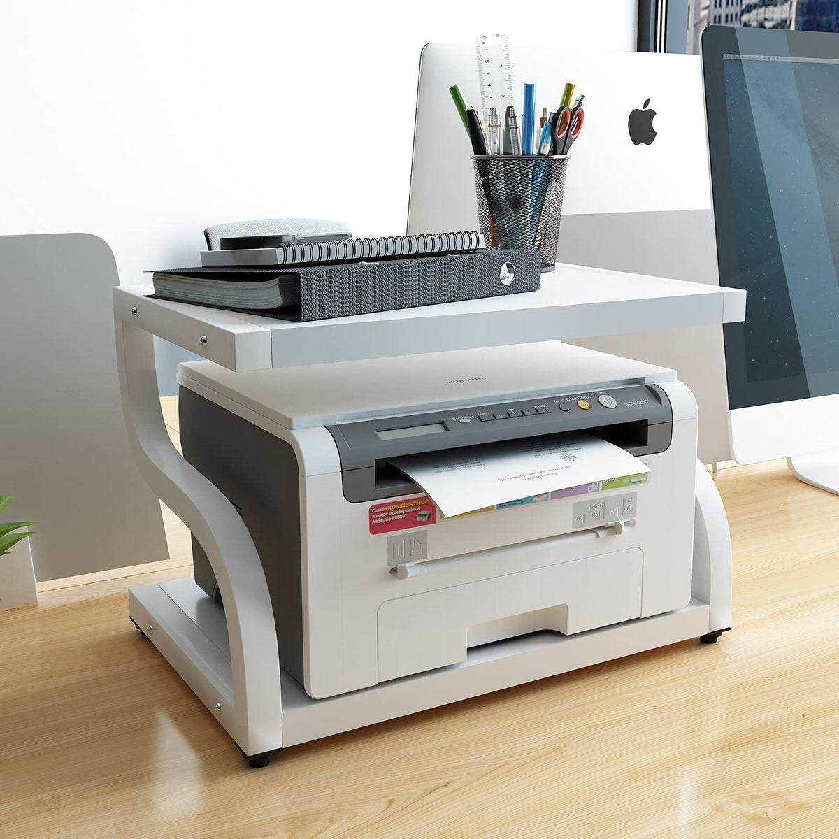PUNCIA 2 Tiers Wood White Home Office Desktop Printer Stand Laser Printer Copier Stand with Storage Tabletop Heavy Duty Rack Desk Organizer Shelf Dual for Small Space Double Tiers Tray