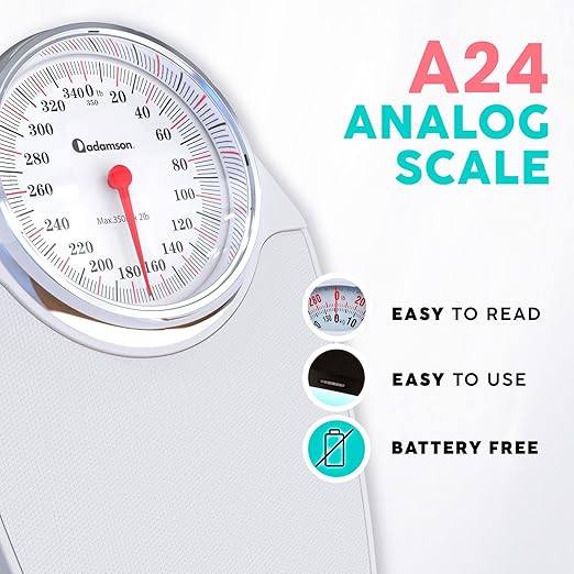 Adamson A24 Scales for Body Weight - Up to 350 LB - New - Anti-Skid Rubber Surface Extra Large Numbers - High Precision Bathroom Scale Analog - Durable with 20-Year Assurance