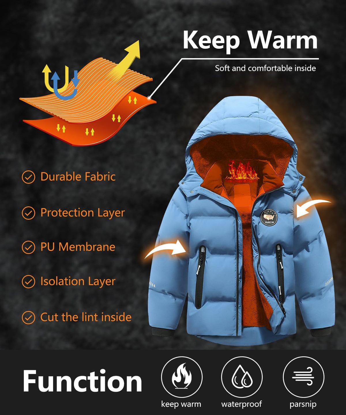 BYLESIN Kids Boy's Winter Coat Fleece Lined Waterproof Jacket Puffy Cotton Coat Thick Hooded Down Outdoor Coats