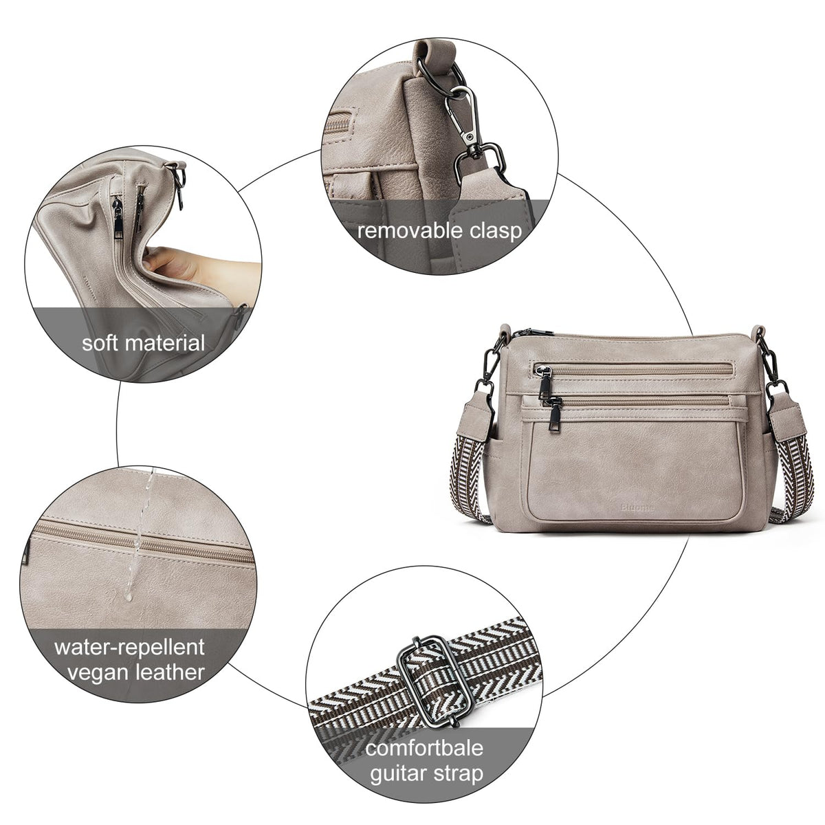 Bluome 7L Crossbody Purses for Women, Medium Crossbody Bags Vegan Leather Shoulder Handbags with Guitar Strap,Grey