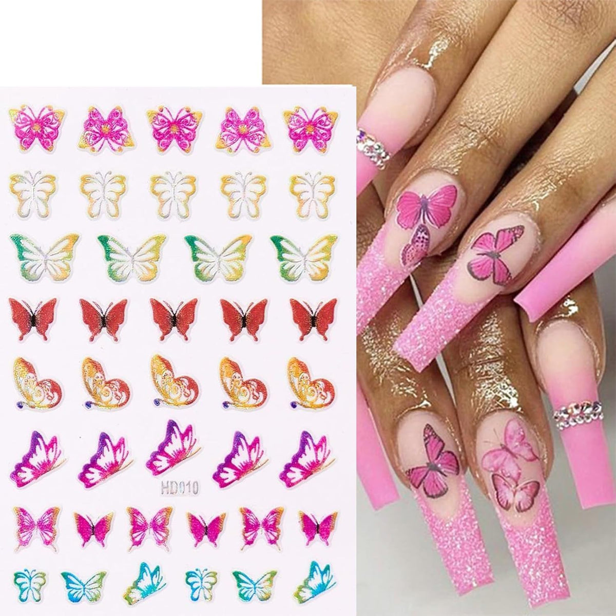 16 Sheets Butterfly Nail Art Stickers 3D Colorful Butterfly Self-Adhesive Design Nail Decals Pegatinas Uñas Holographic Laser Butterfly Nail Supplies for Women Acrylic Nail Art Decoration Accessories