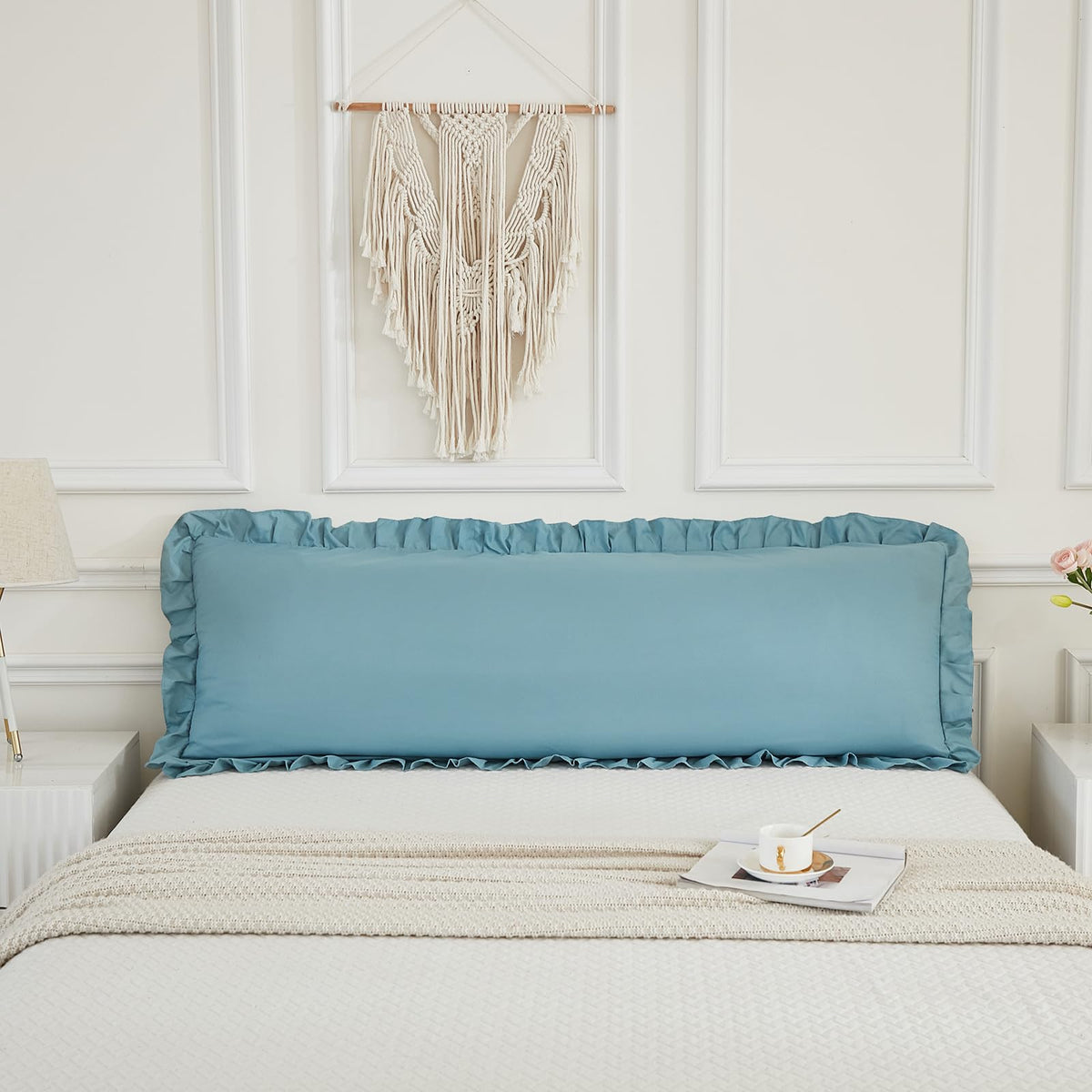 Dusty Blue Body Pillow Cover 20x54inches Long Pillowcase Ruffled Fringe Decor Sham Cute Pillowcase (1 Body)