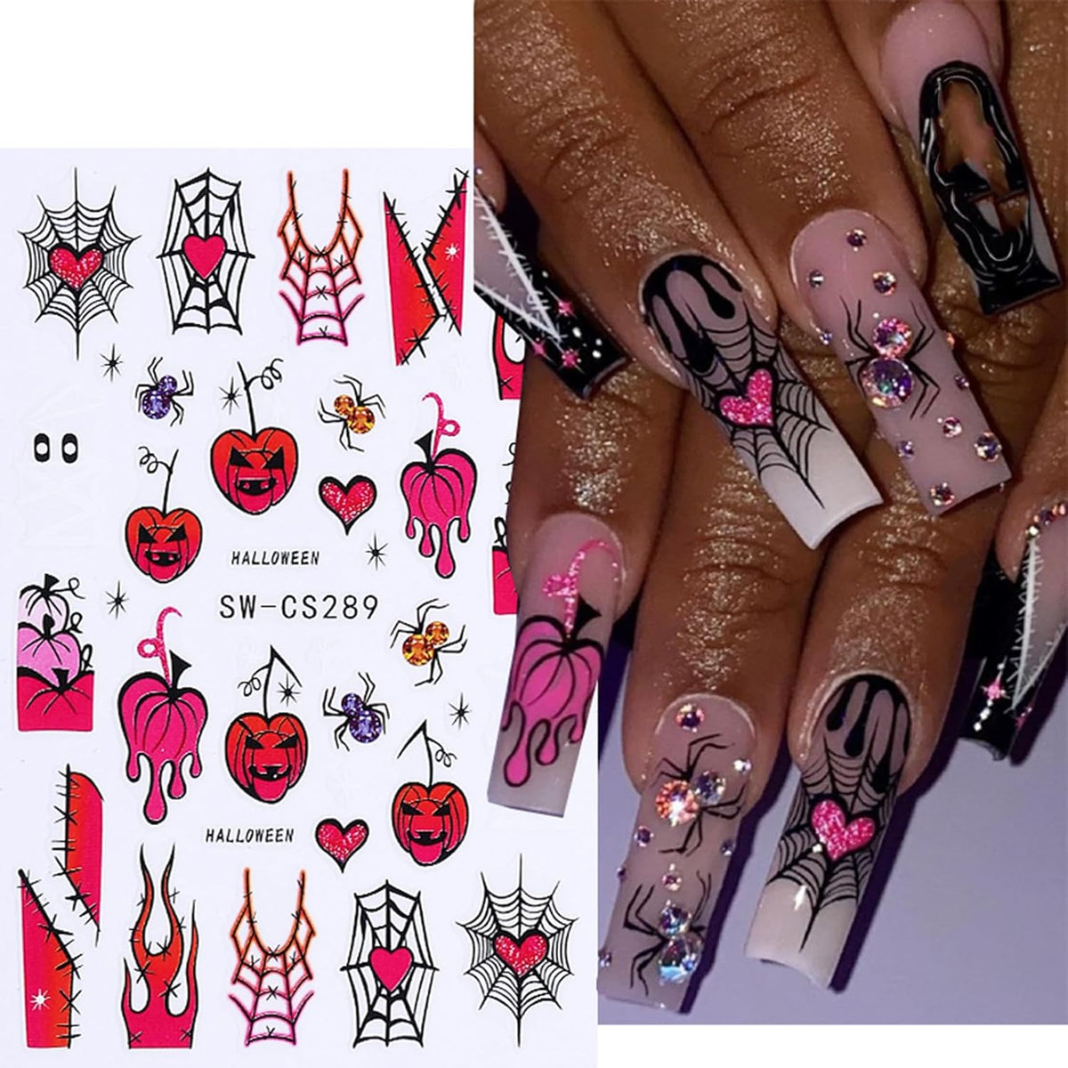 6 Sheets Halloween Nail Art Stickers Decals 3D Self-Adhesive Cartoon Bat Spider Web Skull Nail Stickers French Flame Spider Web Heart Nail Decals Supplies for Women DIY Holiday Manicure Decorations