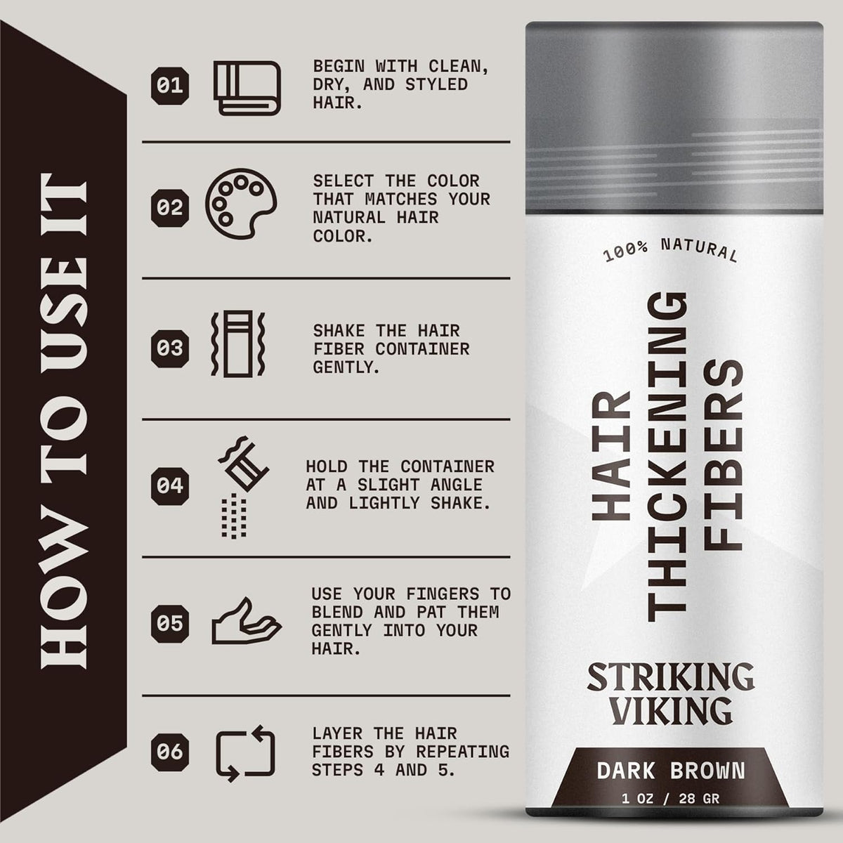 Striking Viking Hair Fibers - Dark Brown, 0.98 oz, Pack of 1 - Long-Lasting Hold & Hair Filler - Undetectable Coverage with Fiber Powder - Easy Application & Styling Powder