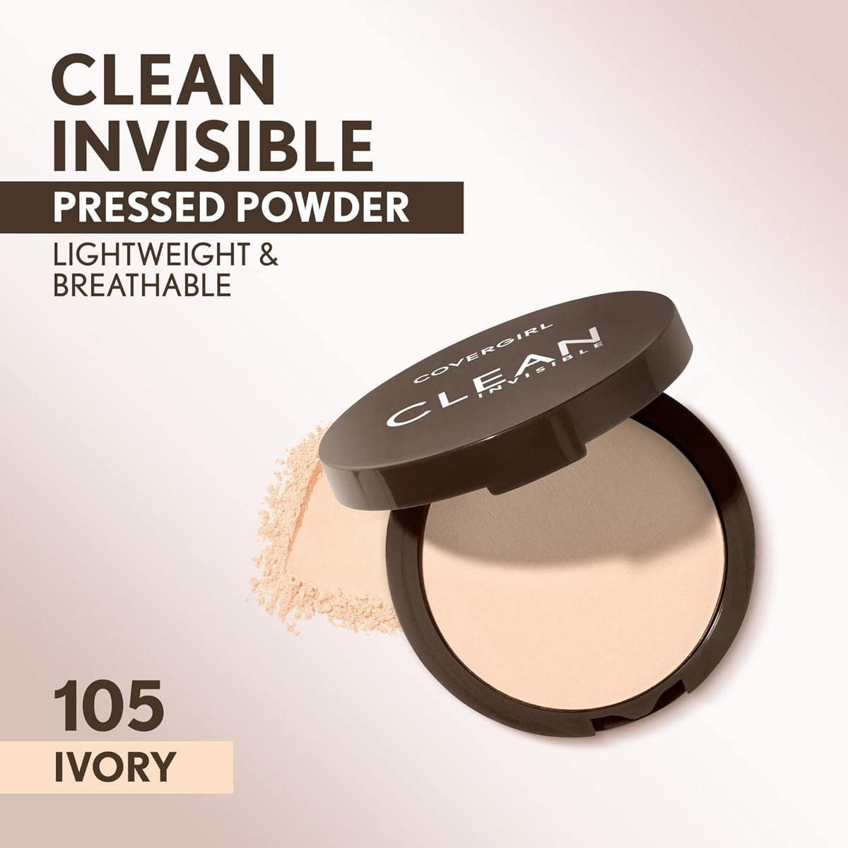 Covergirl Clean Invisible Pressed Powder, Lightweight, Breathable, Vegan Formula, Ivory 105, 0.38oz