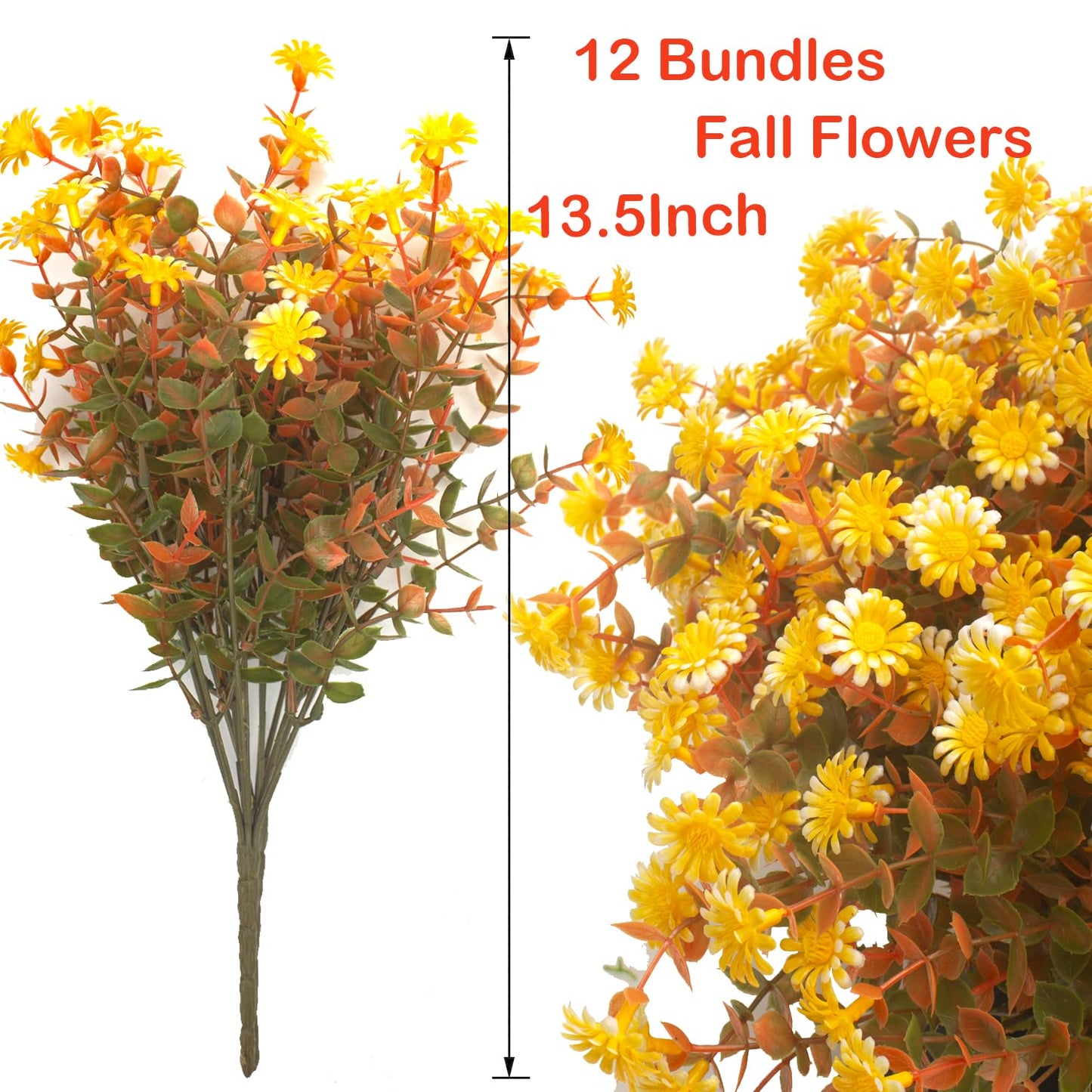 12 Bundles Artificial Fall Flowers for Outdoors Fake Plants - Faux Outside Greenery Boxwood No Fade Plastic Shrubs Decor Farmhouse Home Garden Thanksgiving (Fall)
