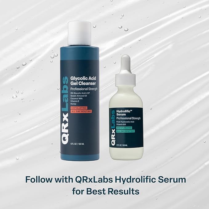 QRxLabs Glycolic Acid Face Wash Gel Cleanser - 6 fl oz - Exfoliating Facial Cleanser & Ingrown Hair Treatment for Blemish-Prone Skin