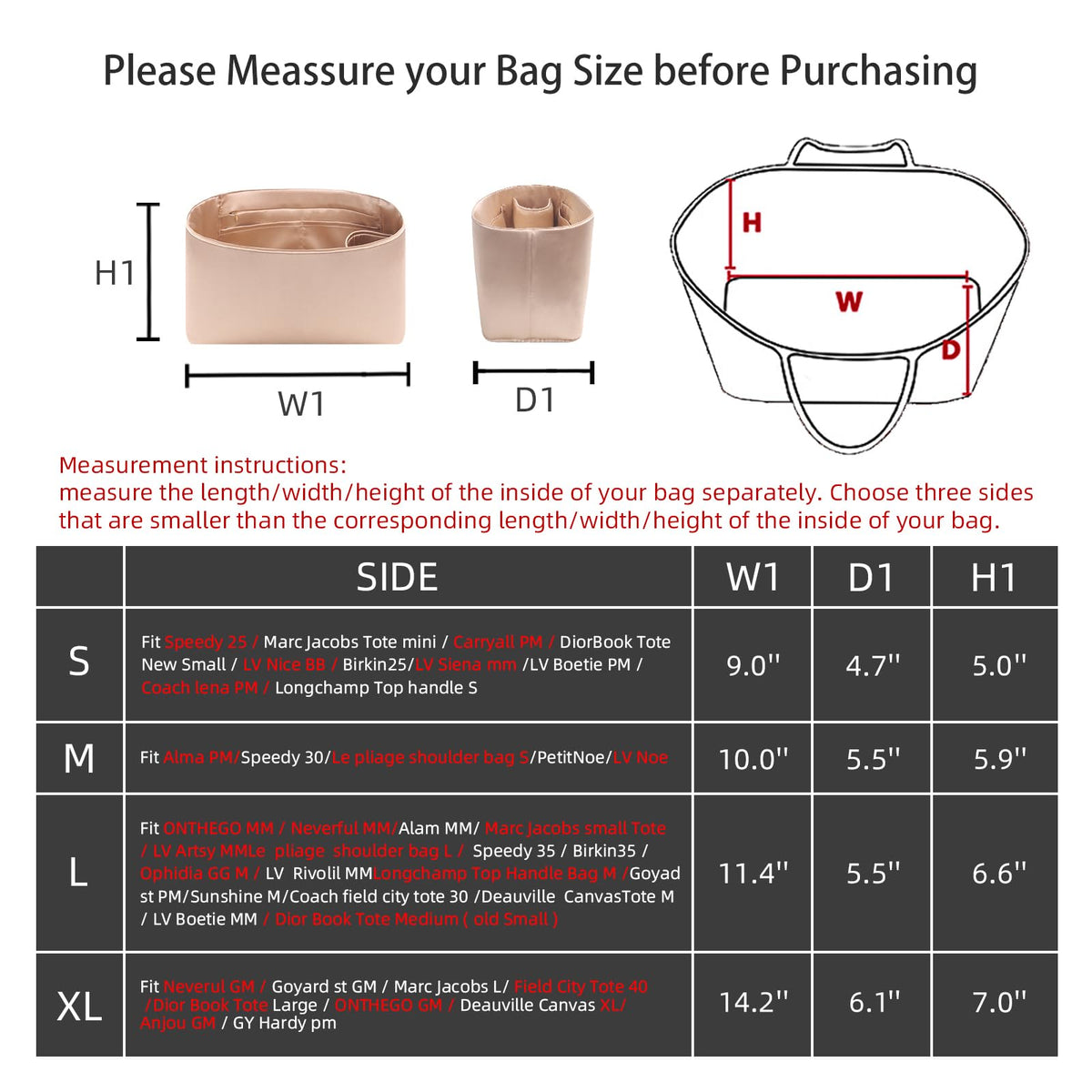 Ovignee Purse Organizer Insert For Handbags, Silk Purse Organizer with Zipper, Silky Smooth Bag Organizer, Luxury Handbag & Tote Shape, Beige