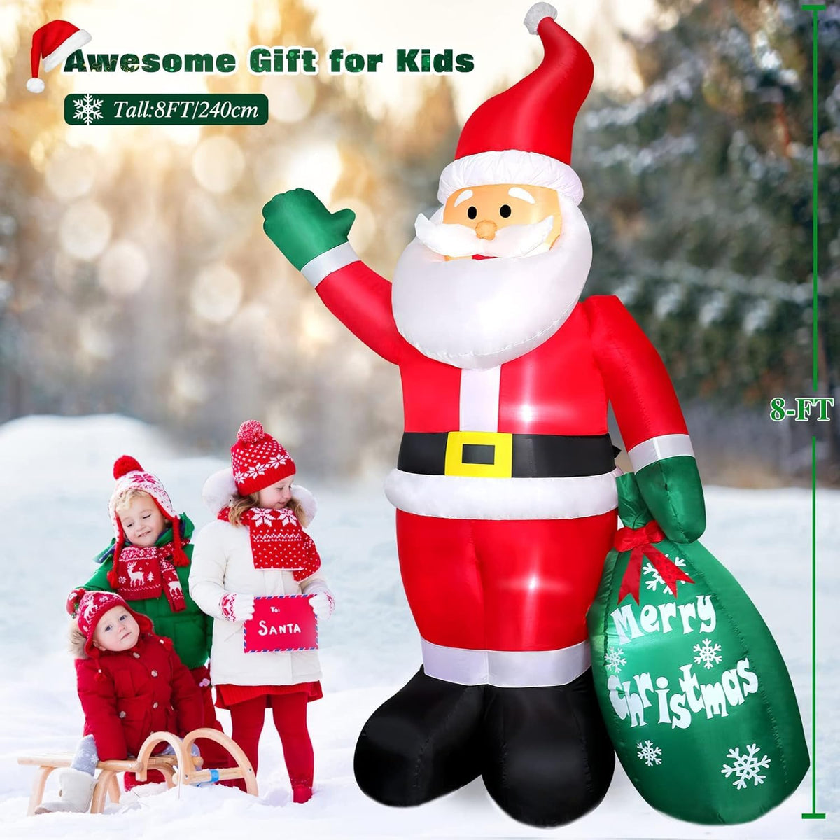 8 FT Christmas Inflatable Santa Claus Outdoor Decors for Yard, Xmas Blow up Santa Decoration with Big Gift Bag, Built-in LED Lights for Garden Patio Lawn Home Indoor Outside Winter Holiday Party