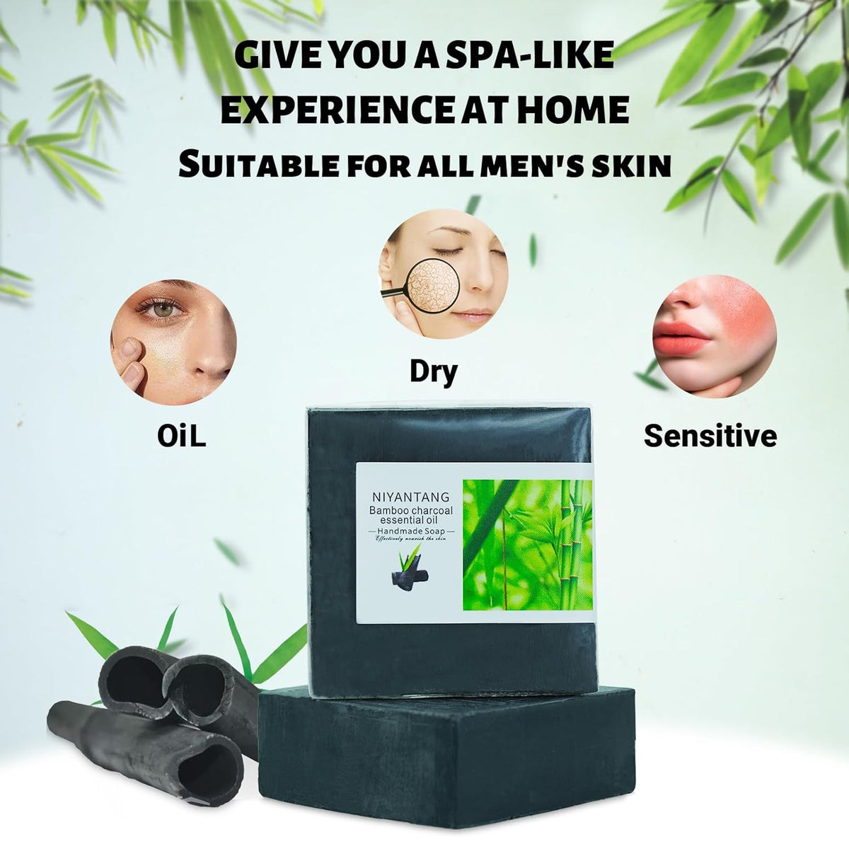 3 Pack Natural Activated Charcoal Soap Bar Black Soap for Face & Body Cleanse, Handmade Bamboo Charcoal Soap with Coconut Oil, Gentle Cleanser Soap for Men Women All Skin Types