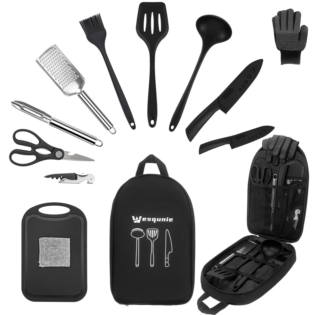 Camping Essentials Cookware Cooking Utensils Set - Portable Camp Kitchen Mess Kit Outdoor Accessories, Stainless Steel & Silicone, Camping Gear Equipment for RV Picnic Grill