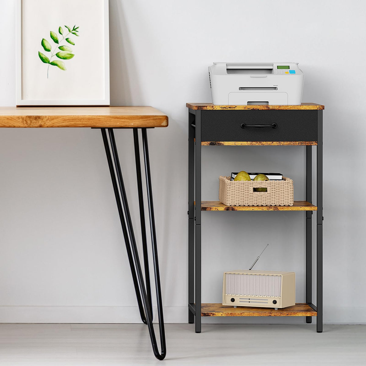 NORCEESAN Printer Stand with Storage, 3 Tier Printer Table for Small Spaces Nightstand with Fabric Drawers Office Side Table with Shelves Industrial Wood Night Stand for Home, Rustic Brown