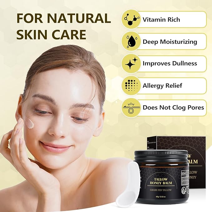 JUANCHI Beef Tallow for Skin, Tallow and Honey Balm for Face, Grass Fed Beef Tallow for Face & Body, Deeply Nourishing, Soothes Dry Skin (60g/2.12oz)