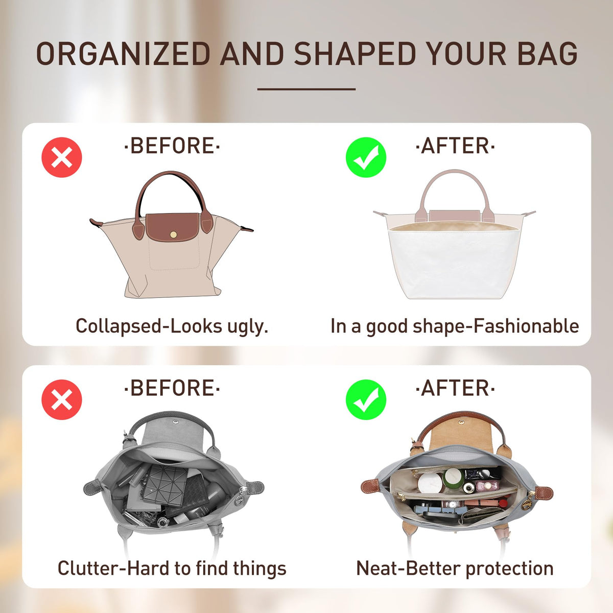 Doxo Upgraded longchamp Organizer Insert, Bag Organizer Insert for Long Champ Large and More, Ultra-light Waterproof DupontPaper le pliage Large Organizer, Keeps Tote Handbag Neat(White,L)