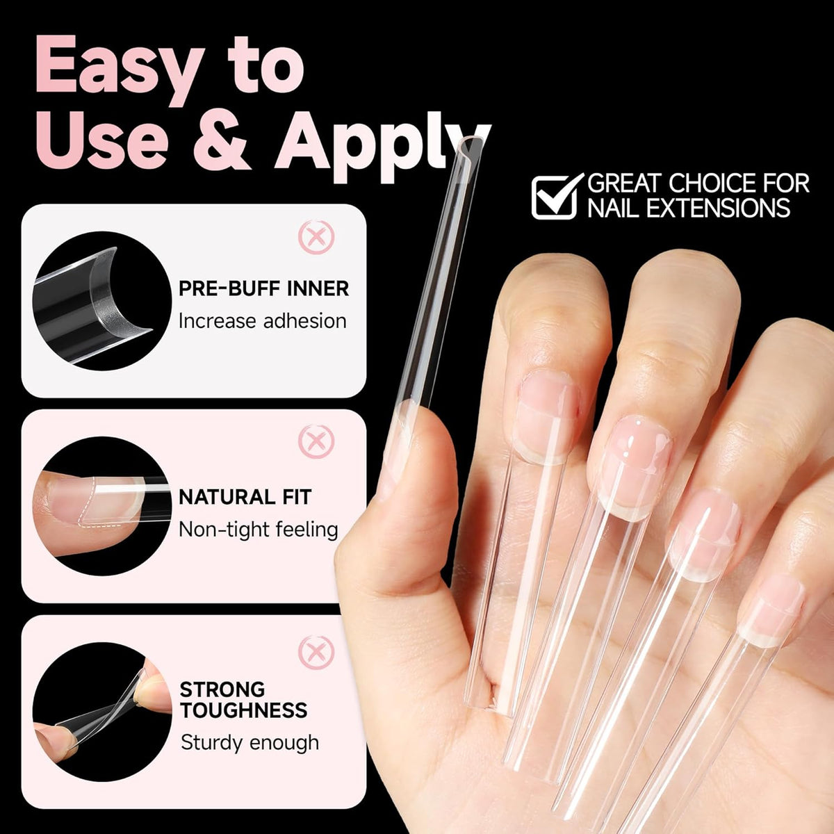 UNA GELLA No C Curve Tapered Square Nail Tips 216Pcs - 3XL Half Cover Clear Acrylic False Straight Nail Tips Long Soft Square Gel Tips Press on Nails for Nail Extensions DIY 12 Sizes With Box