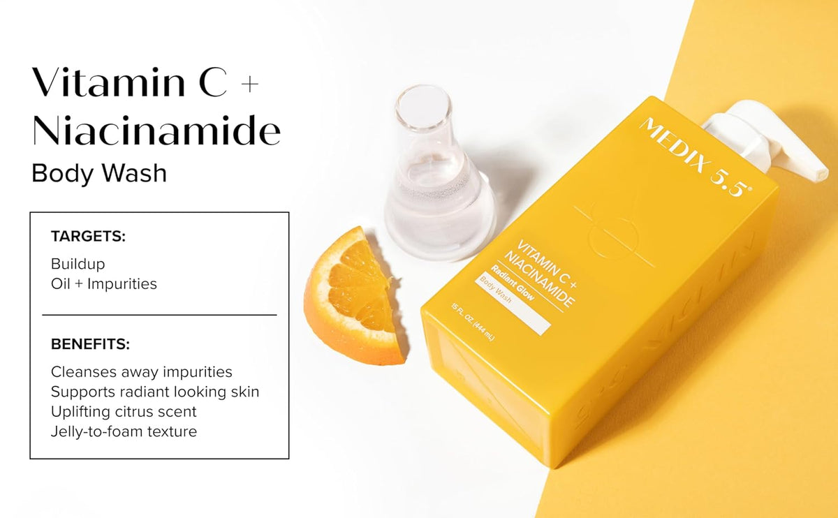 Medix 5.5 Radiant Glow Vitamin C Body Wash W/Niacinamide | Citrus Scented Gentle Body & Face Cleanser For Women, Men, Dry Skin, & Smoother-Looking Skin | Removes Dirt, Oil, & Impurities, 2-Pack