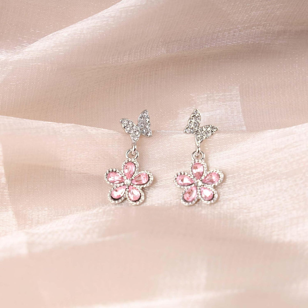 Vintage Pink Crystal Flower Earrings Butterfly Flower Drop Earrings Silver Rhinestone Butterfly Stud Earrings Pink Gemstone Butterfly Earrings Jewelry for Women