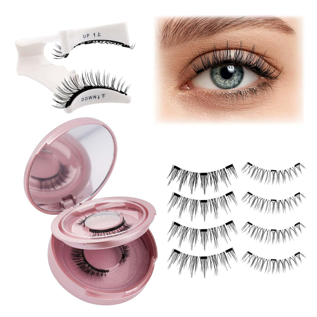 FADLASH Magnetic Eyelashes with Applicator 2 Pairs Waterproof Reusable Cat Eye Magnetic Lashes Natural Look Easy to Wear and Remove, Black (806+H3)