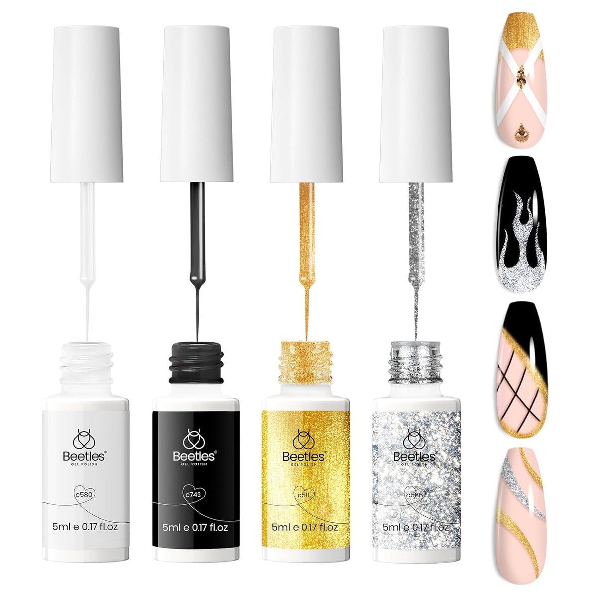 beetles Nail Art Liner Gel Polish Set, 4 Pcs Neutral Classic Glitter Reflective Colors Swirl Manicure Design Shiny Gold Silver Black White Decoration Holiday Party Gifts for Women Girls