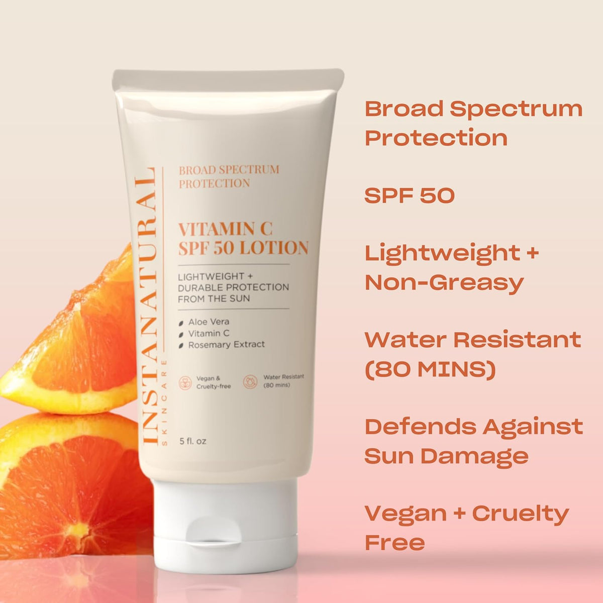 InstaNatural Skin Care Vitamin C SPF 50 Broad Spectrum Sunscreen Lotion, Lightweight, Non-Greasy Moisturizer for Body & Face, UVA, UVB Sunblock, with Aloe Vera & Botanicals, 5 Fl Ounce (Pack of 1)