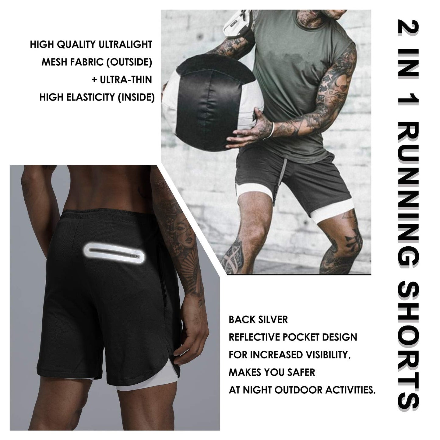 Leidowei Men's 2 in 1 Workout Running Shorts Lightweight Training Yoga Gym 7" Short with Zipper Pockets Black Fluorescent L