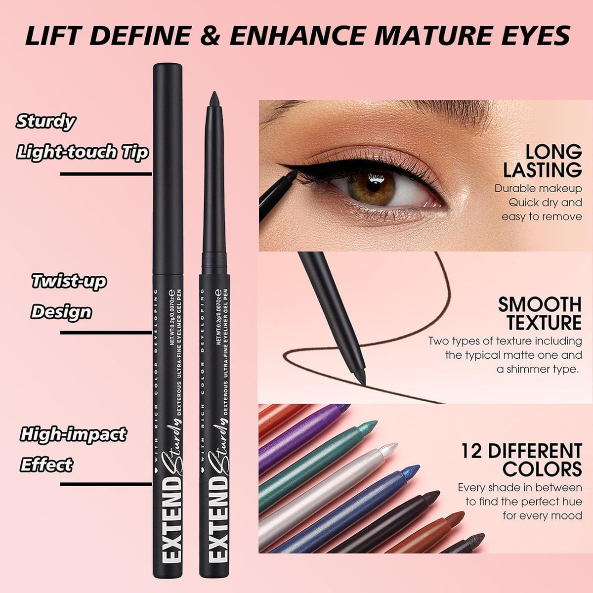 Burgundy Eyeliner Pencil Waterproof Retractable Eyeliner Burgundy Smudge-proof Hypoallergenic (07#)