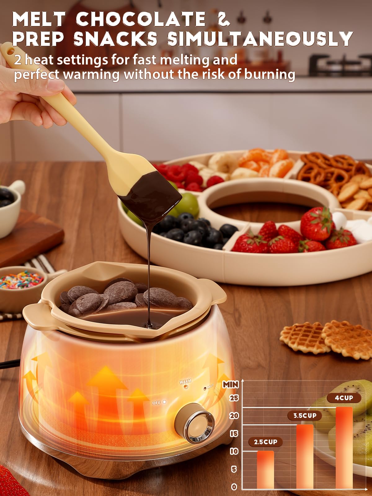 LUSHYUM Chocolate Fondue Pot Set Electric Melting Machine, 4-Cup Capacity 4 Trays 5 Forks 1 Spatula Cheese Warmer, Ideal Gift for Couple Family & Date Night Idea House Warming Holidays Essentials