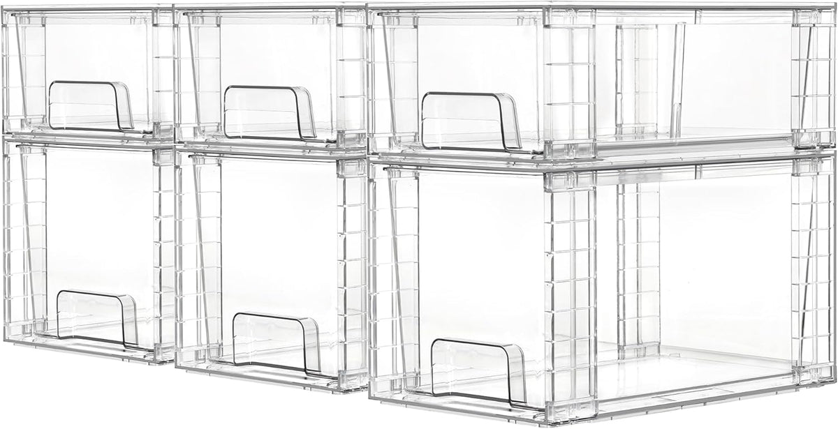 Vtopmart 6 Pack Clear Stackable Storage Drawers,Easy to Assemble Bathroom Organizers and Storage with handles,Plastic Drawers for Kitchen Pantry,Cabinet,Under Sink Organization