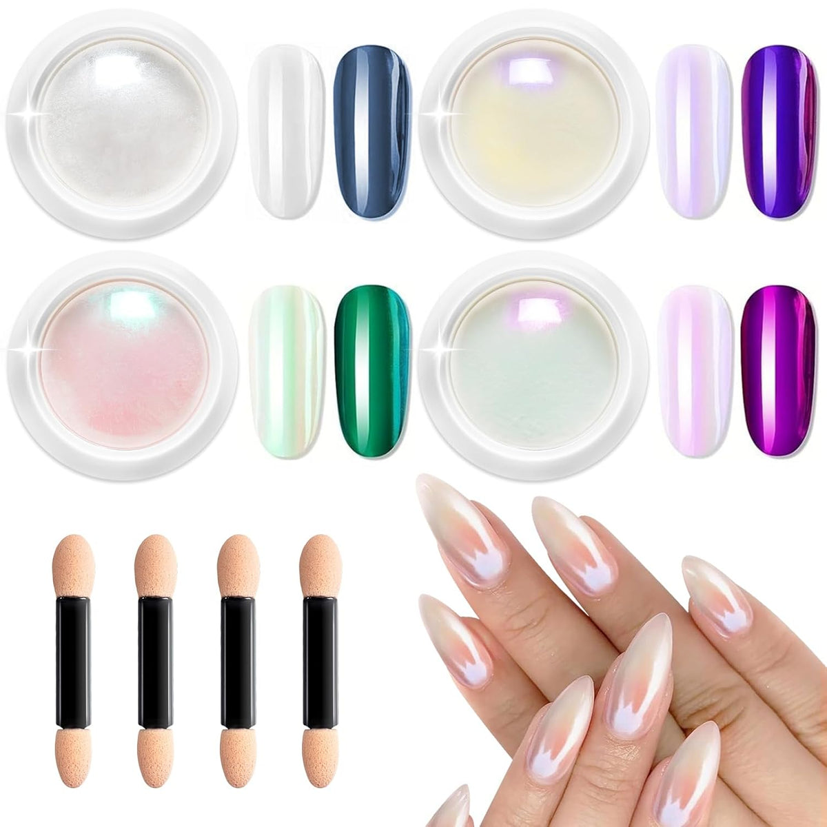 Pearl Chrome Nail Powder - 4pcs Iridescent Aurora Chrome Powder Pearl Mirror Effect Glitter Powder Pearlescent Ice Transparent Mermaid Pigment Dust for Nail Art Diy