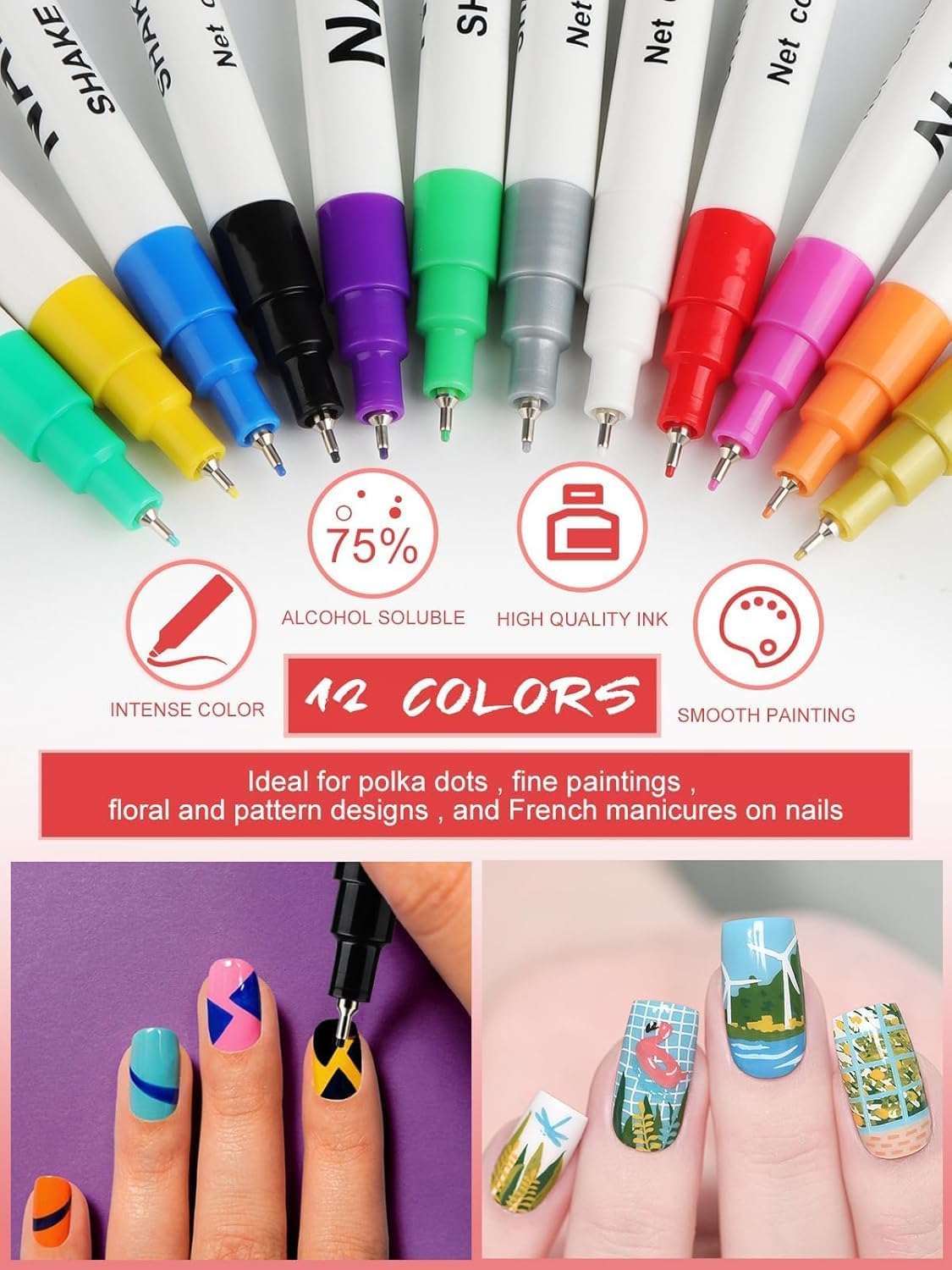 12 Color Nail Art Pens Set, EBANKU 0.5 MM 3D Nail Polish Pens Acrylic Paint Pens Nail Markers for Nail Art Drawing Painting Nail Point Dotting Pen Nail Design Kit Home Nail Salon DIY