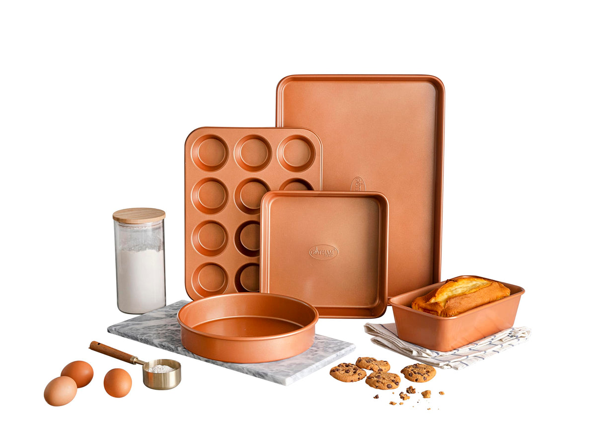 Gotham Steel Non Stick Ceramic Bakeware Set, 5 Piece No Warp & Dishwasher Safe Baking Set, Baking Pans Set with Round & Square Baking Pan, Muffin Pan, Loaf Pan & Baking Sheet for oven, 100% PFOA Free