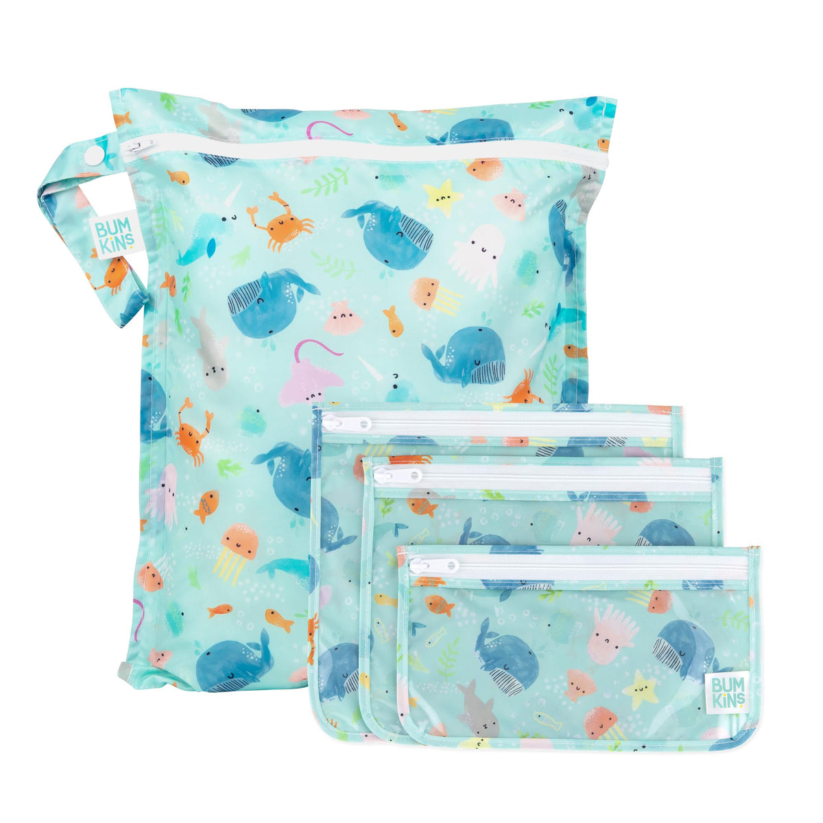 Bumkins - Waterproof Wet Bag & Clear Travel Bags - For Beach, Baby, Travel, Swim Suit, Cloth Diapers, Pump Parts, Pool, Gym, Toiletries - Reusable & Easy to Clean - Ocean Life Blue - 4 Pack