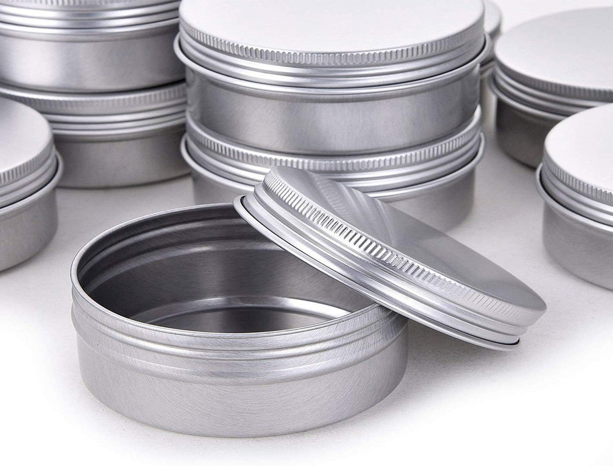 2 Ounce Aluminum Tin Jar Refillable Containers 60 ml Aluminum Screw Lid Round Tin Container Bottle for Cosmetic,Lip Balm, Cream, 12 Pack.