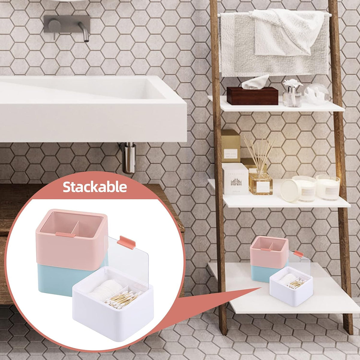 Tecbeauty 2 Slot Cotton Swab Ball Qtip Holder Jar Plastic Container Dispenser Box with Hinged Lid for Bathroom Home Storage Organizer