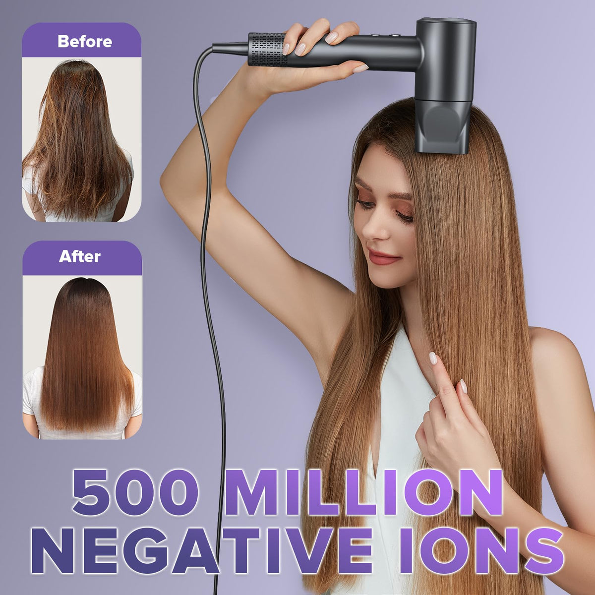 Hair Dryer, 160000 RPM Ionic Hair Dryer Portable Lightweight Blow Dryer with 500 Million Negative Ions, Fast-Drying, Lightweight and Quiet with Diffuser & Nozzle, Perfect for Home and Travel-Black