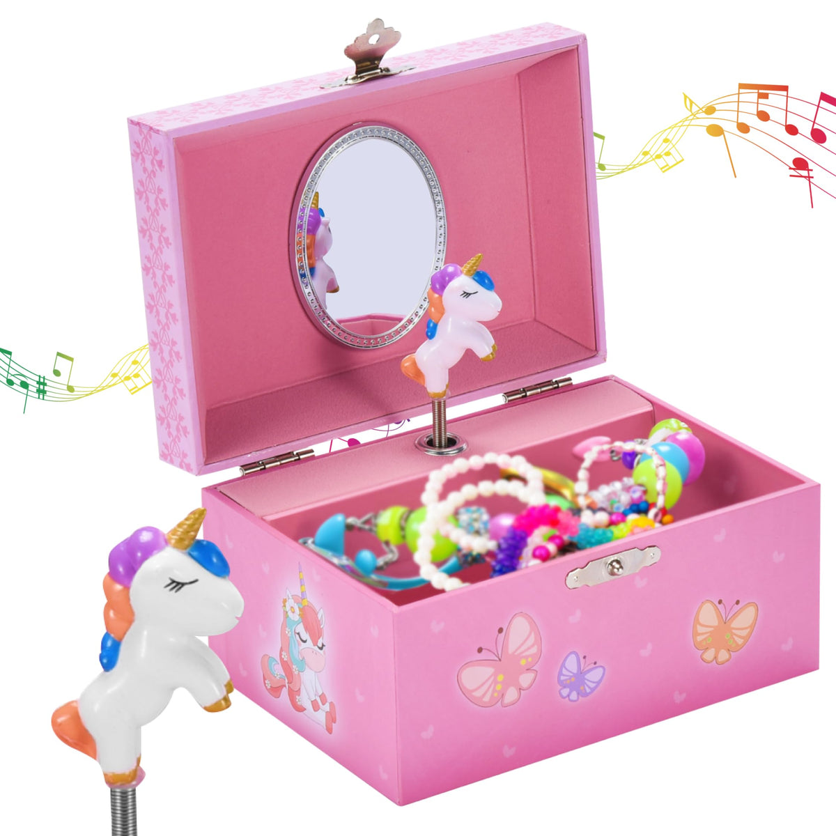 Jewelkeeper Unicorn and Butterfly Themed Jewellery Box Pink for Girls - Wooden Jewelry Box with Velvet Lining for Little Girl's Necklaces and Accessories - Spinning Unicorn Doll, Toys for Girls