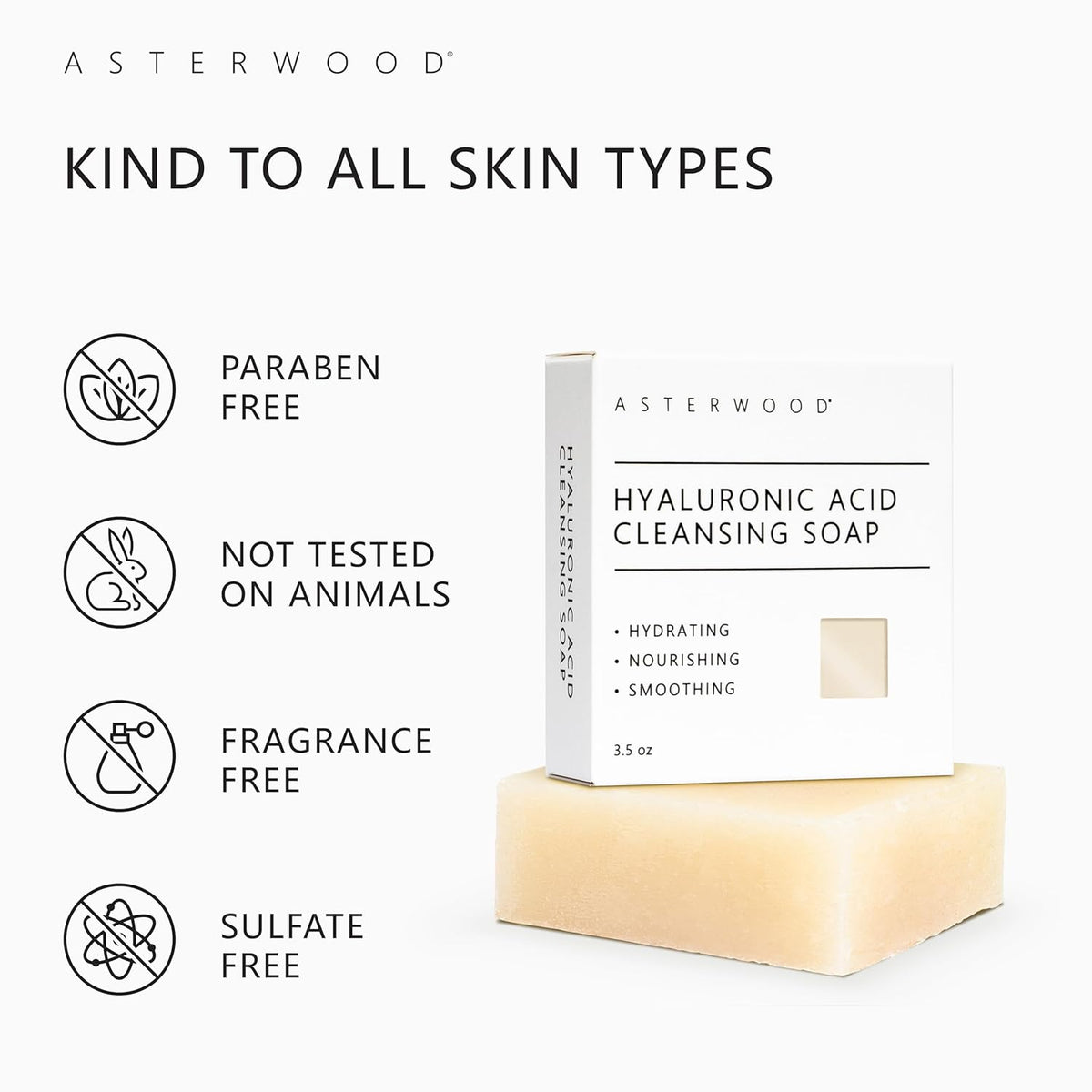 Asterwood Hyaluronic Acid Cleansing Face Soap - Collagen Boosting, Hydrating, Plumping, Soothing - Fragrance-Free - Suitable for Sensitive Skin - 3.5 Oz